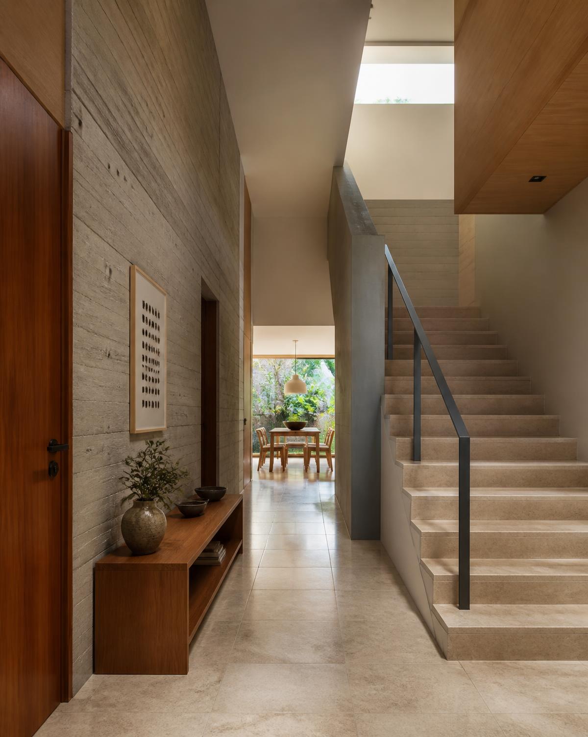 Interior de residencia contemporánea con muro de concreto aparente, madera y luz natural