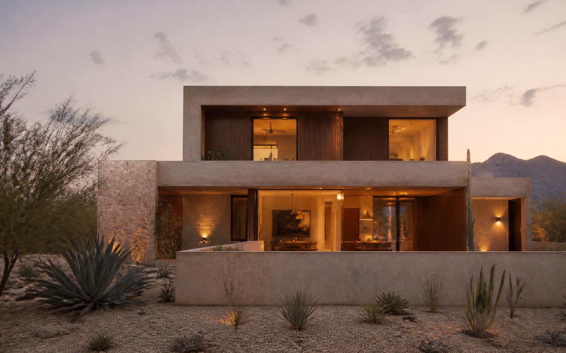 Residencia contemporánea de concreto y piedra al atardecer en el desierto de Coahuila